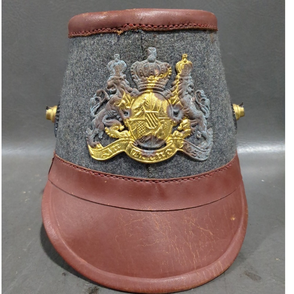Antique German Imperial Shako Military Helmet Grey Felt Brown Leather WWI Style